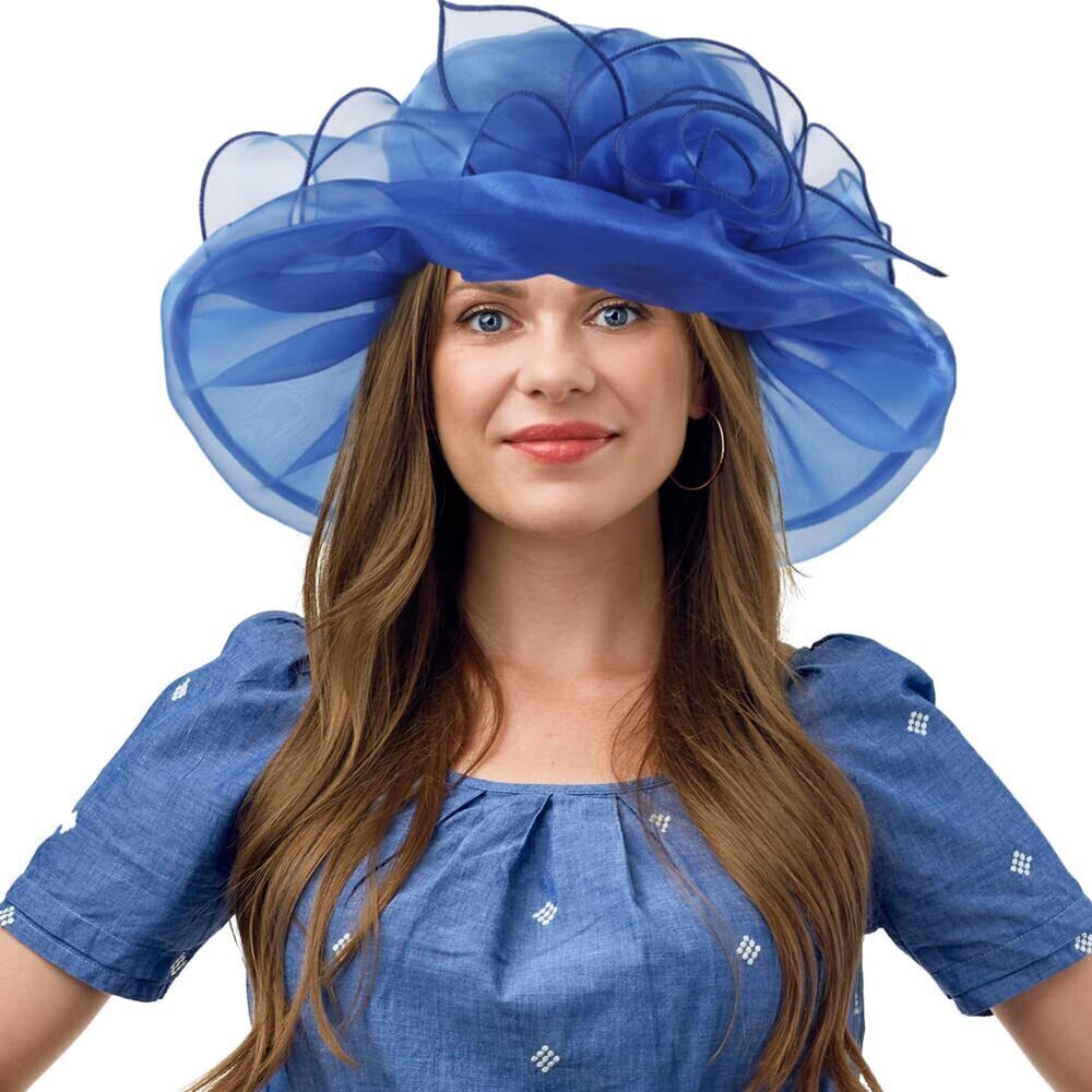 5133 Derby Hats Church Wedding Bridal Cocktail Hat with Organza Flower Blue